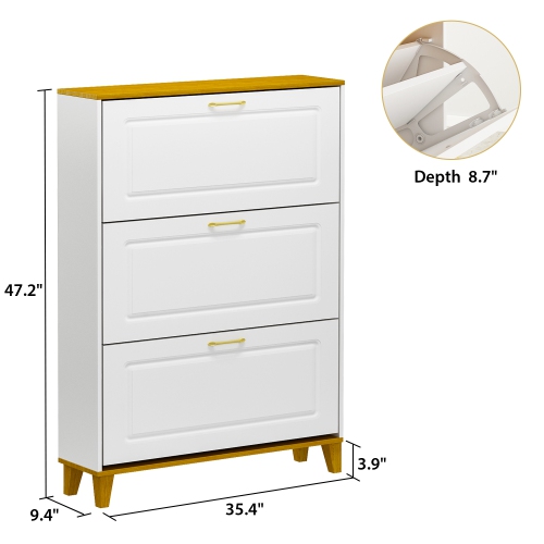 Famapy 47.2-Inch 3-Tier White & Oak Shoe Storage Cabinet – Holds 18 Pairs, Adjustable Shelves, Elegant Design, White