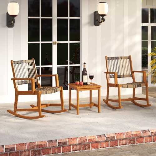 Gymax 3 Pieces Rocking Bistro Set PE Rattan Front Porch Chairs w/ Coffee Table