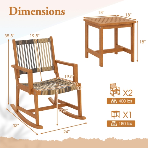 Gymax 3 Pieces Rocking Bistro Set PE Rattan Front Porch Chairs w/ Coffee Table