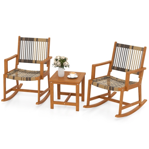 Gymax 3 Pieces Rocking Bistro Set PE Rattan Front Porch Chairs w/ Coffee Table