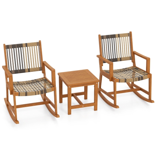 Gymax 3 Pieces Rocking Bistro Set PE Rattan Front Porch Chairs w/ Coffee Table
