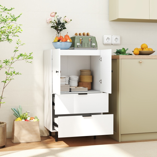 Gymax 2-Door Serving Cupboard w/ Drawers & Storage Cabinet Metal Legs for Living Room