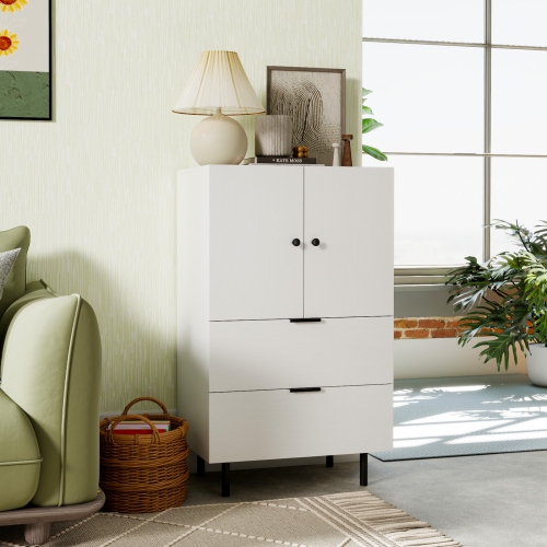 Gymax 2-Door Serving Cupboard w/ Drawers & Storage Cabinet Metal Legs for Living Room