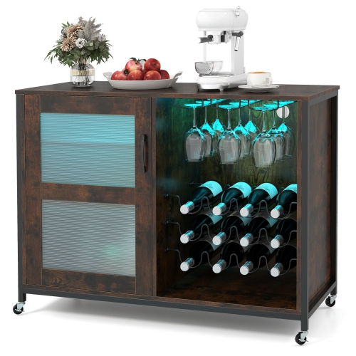 Gymax Wine Bar Cabinet w/ Wheels LED Lights Storage Shelves Glass Holders Wine Racks