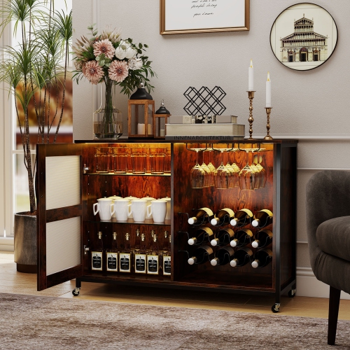 Gymax Wine Bar Cabinet w/ Wheels LED Lights Storage Shelves Glass Holders Wine Racks