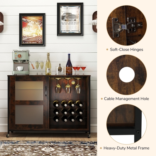 Gymax Wine Bar Cabinet w/ Wheels LED Lights Storage Shelves Glass Holders Wine Racks