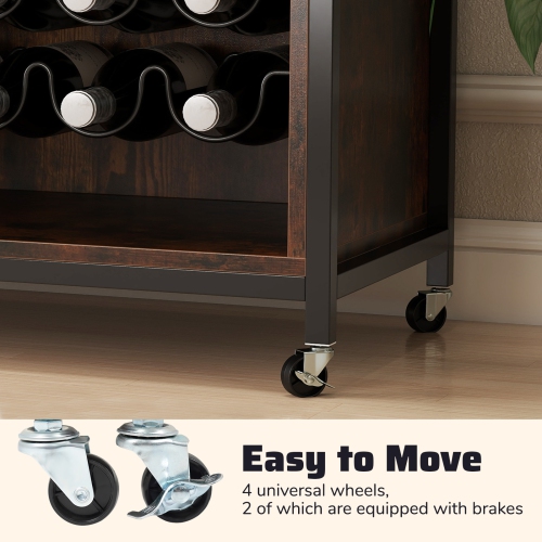 Gymax Wine Bar Cabinet w/ Wheels LED Lights Storage Shelves Glass Holders Wine Racks