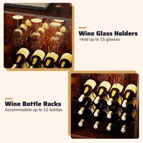 Gymax Wine Bar Cabinet w/ Wheels LED Lights Storage Shelves Glass Holders Wine Racks