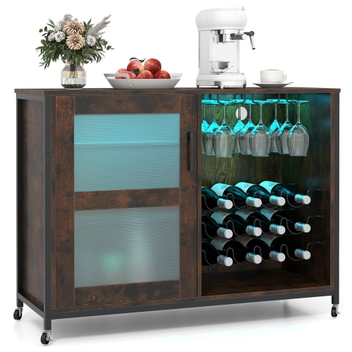 Gymax Wine Bar Cabinet w/ Wheels LED Lights Storage Shelves Glass Holders Wine Racks