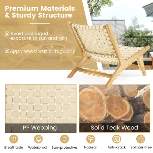 Gymax Teak Wood Patio Chair w/Webbing Seat & Backrest Mid-century Accent Chair