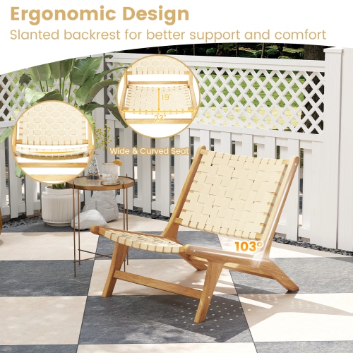 Gymax Teak Wood Patio Chair w/Webbing Seat & Backrest Mid-century Accent Chair