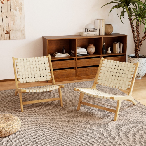 Gymax Teak Wood Patio Chair w/Webbing Seat & Backrest Mid-century Accent Chair