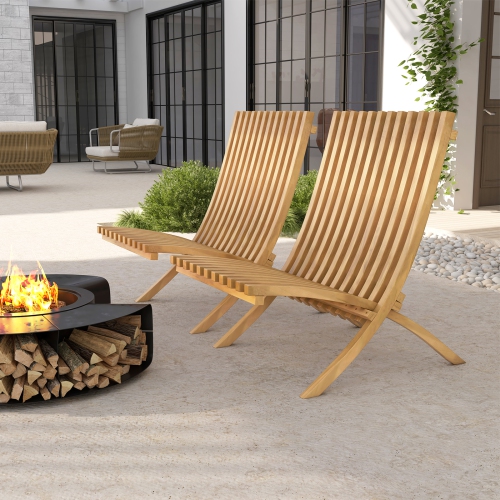 Gymax 2 PCS Folding Patio Chair Teak Wood Outdoor Lounge Chair w/ Slatted Seat & Backrest