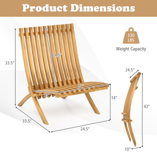 Gymax 2 PCS Folding Patio Chair Teak Wood Outdoor Lounge Chair w/ Slatted Seat & Backrest