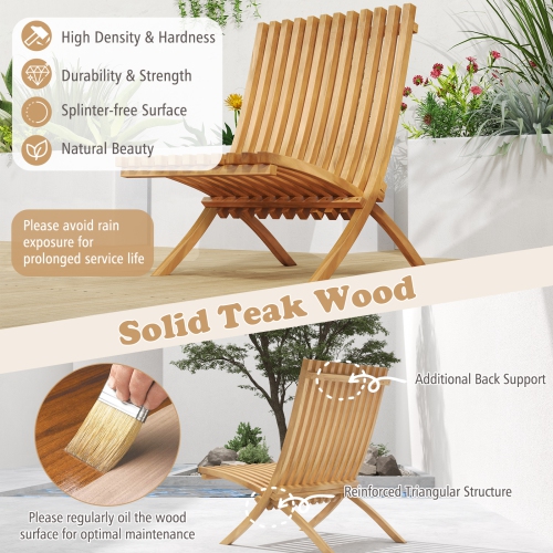 Gymax 2 PCS Folding Patio Chair Teak Wood Outdoor Lounge Chair w/ Slatted Seat & Backrest