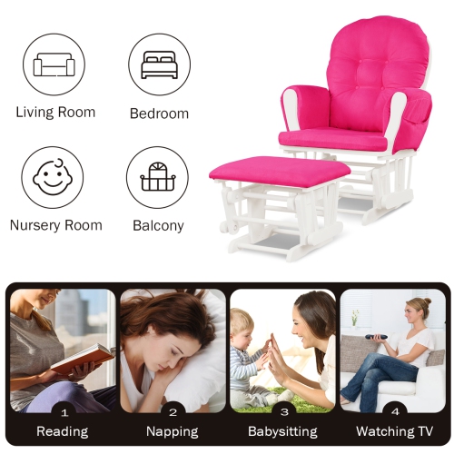 Gymax Glider & Ottoman Cushion Set Wood Baby Nursery Rocking Chair Pink