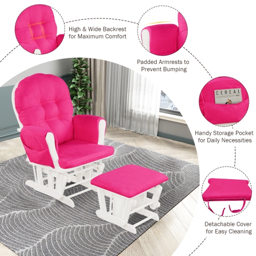 Gymax Glider & Ottoman Cushion Set Wood Baby Nursery Rocking Chair Pink