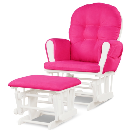 Gymax Glider & Ottoman Cushion Set Wood Baby Nursery Rocking Chair Pink