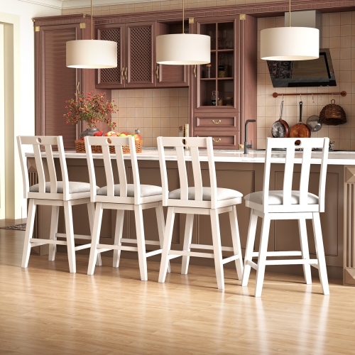 Gymax 25'' Swivel Counter Height Chairs Set of 4 w / Upholstered Seat Rubber Wood Frame