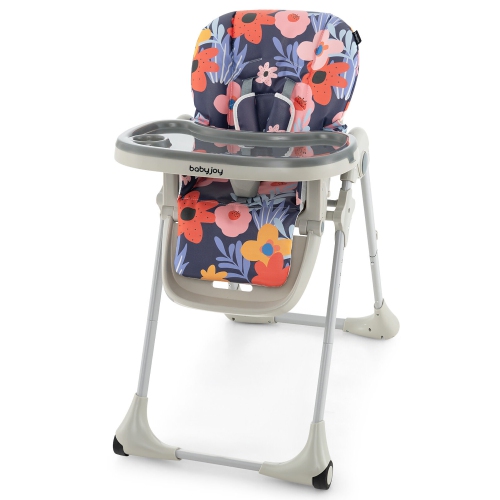 Baby High Chair w/ 7 Height & 3 Footrest Adjustable Cup holder 2 Wheels Flower