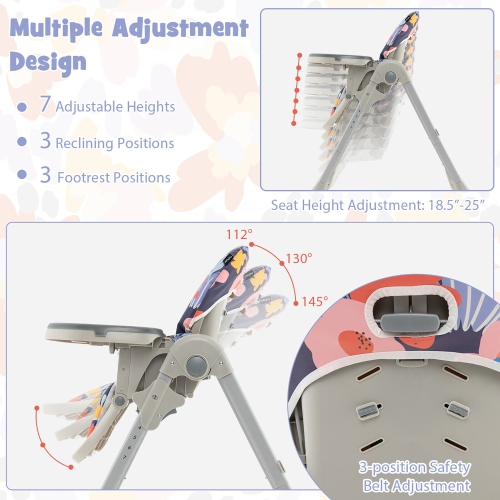 Baby High Chair w/ 7 Height & 3 Footrest Adjustable Cup holder 2 Wheels Flower