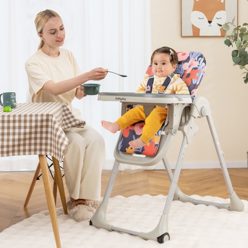 Baby High Chair w/ 7 Height & 3 Footrest Adjustable Cup holder 2 Wheels Flower