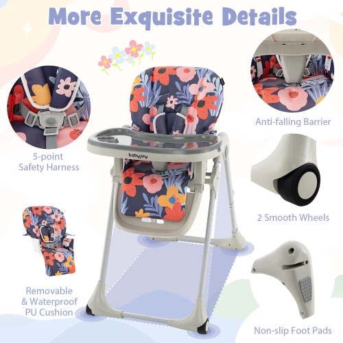 Baby High Chair w/ 7 Height & 3 Footrest Adjustable Cup holder 2 Wheels Flower