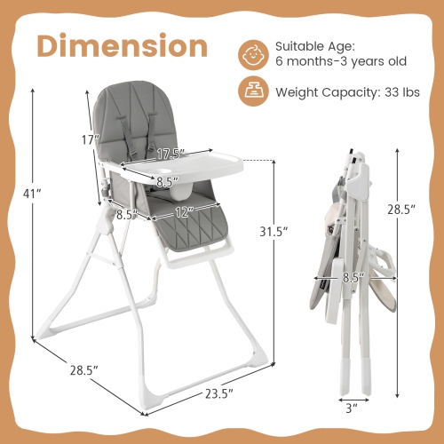 Gymax Foldable High Chair Easy Clean Compact Highchair w/ Removable Adjustable Tray