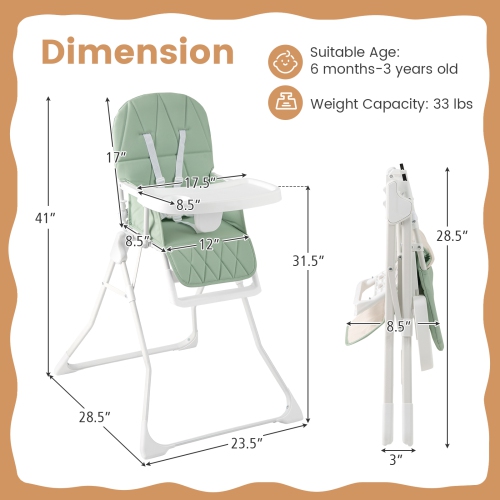 Gymax Foldable High Chair Easy Clean Compact Highchair w/ Removable Adjustable Tray