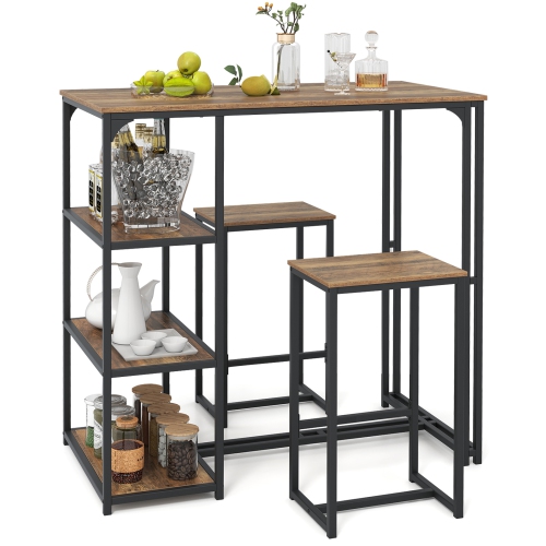 Gymax 3-Piece Bar Table Set 2 Person Dining Furniture Set w/2 Stools 3 Storage Shelves