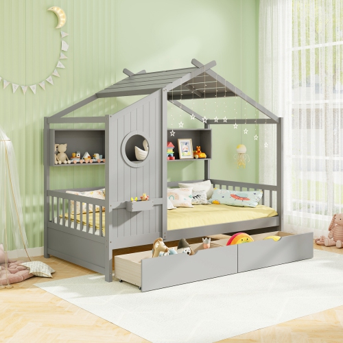 Gymax Twin Size House Bed Kids Bed Frame w/ 2 Storage Drawers & Fence Guardrails