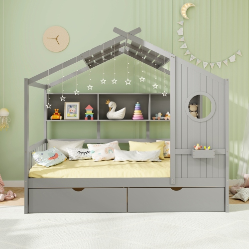 Gymax Twin Size House Bed Kids Bed Frame w/ 2 Storage Drawers & Fence Guardrails