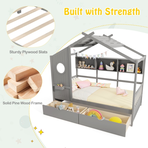 Gymax Twin Size House Bed Kids Bed Frame w/ 2 Storage Drawers & Fence Guardrails