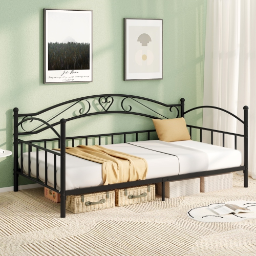 Gymax Twin Size Metal Daybed Frame w/ Headboard Heavy-Duty Metal Slats Support