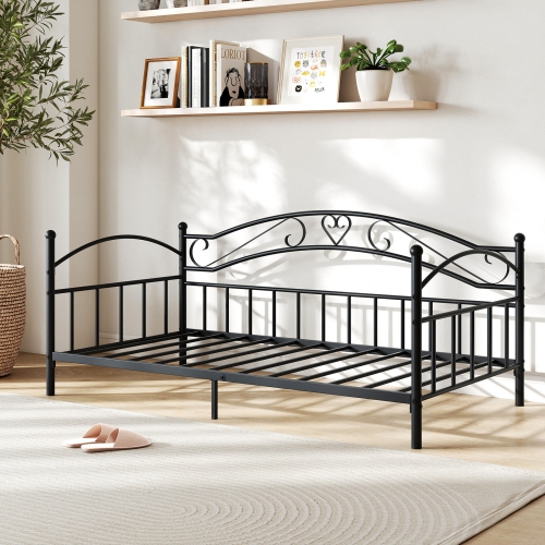 Gymax Twin Size Metal Daybed Frame w/ Headboard Heavy-Duty Metal Slats Support