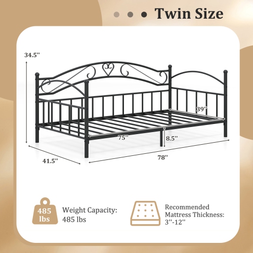 Gymax Twin Size Metal Daybed Frame w/ Headboard Heavy-Duty Metal Slats Support