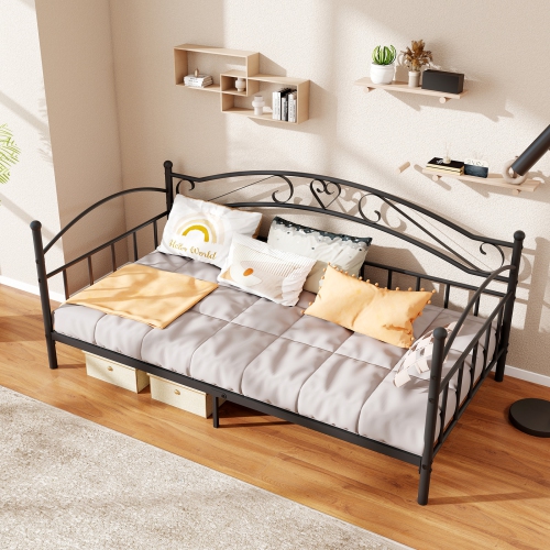 Gymax Twin Size Metal Daybed Frame w/ Headboard Heavy-Duty Metal Slats Support