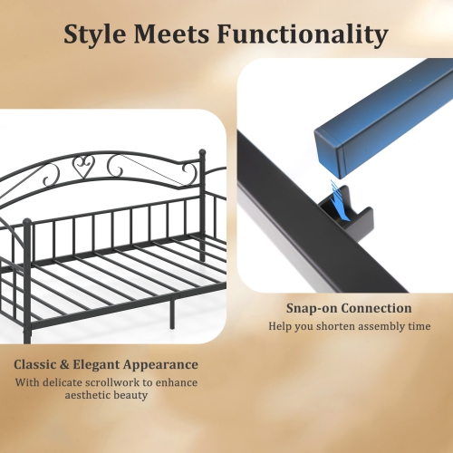 Gymax Twin Size Metal Daybed Frame w/ Headboard Heavy-Duty Metal Slats Support