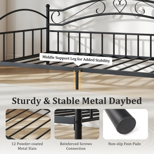 Gymax Twin Size Metal Daybed Frame w/ Headboard Heavy-Duty Metal Slats Support