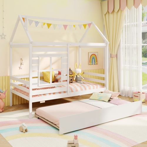 Gymax Twin Size House Bed with Trundle Wooden Platform Bed w/ Roof Chimney & Window