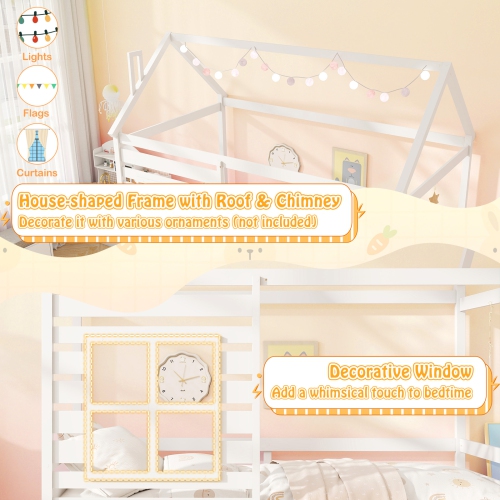 Gymax Twin Size House Bed with Trundle Wooden Platform Bed w/ Roof Chimney & Window