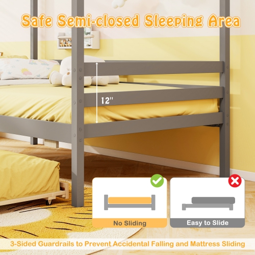 Gymax Twin Size House Bed with Trundle Wooden Platform Bed w/ Roof Chimney & Window