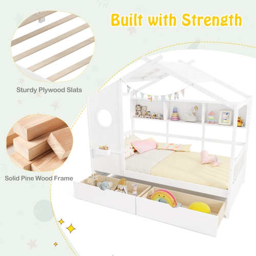 Gymax Twin Size House Bed Kids Bed Frame w/ 2 Storage Drawers & Fence Guardrails