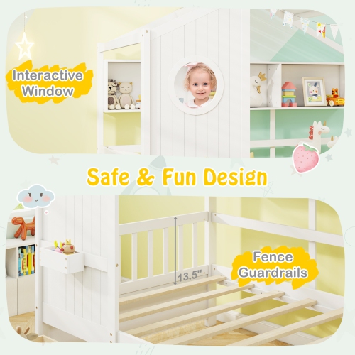 Gymax Twin Size House Bed Kids Bed Frame w/ 2 Storage Drawers & Fence Guardrails