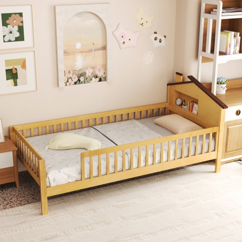 Gymax Twin Size Kids Bed Solid Wood Platform Bed w/ Under-bed Storage & Storage Cube