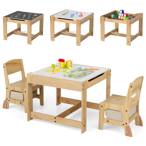 Gymax 3-In-1 Kids Table & Chairs Set w/Reversible Whiteboard/Chalkboard Top Hidden Storage