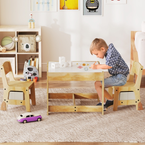 Gymax 3-In-1 Kids Table & Chairs Set w/Reversible Whiteboard/Chalkboard Top Hidden Storage