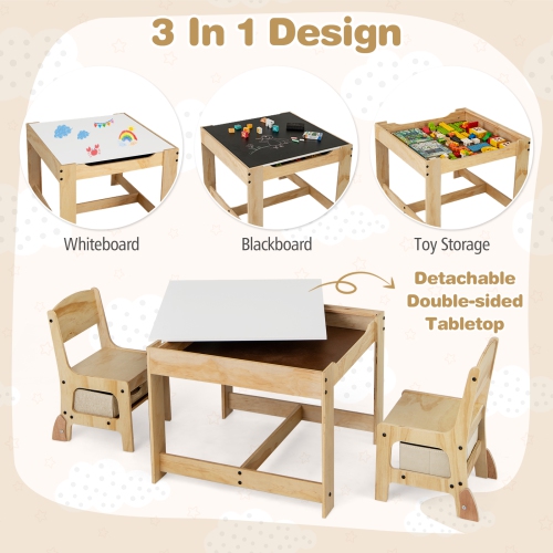 Gymax 3-In-1 Kids Table & Chairs Set w/Reversible Whiteboard/Chalkboard Top Hidden Storage
