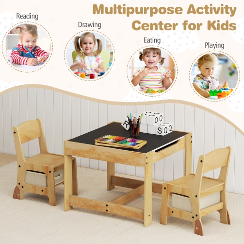 Gymax 3-In-1 Kids Table & Chairs Set w/Reversible Whiteboard/Chalkboard Top Hidden Storage