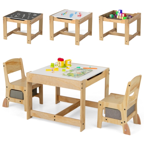 Gymax 3-In-1 Kids Table & Chairs Set w/Reversible Whiteboard/Chalkboard Top Hidden Storage